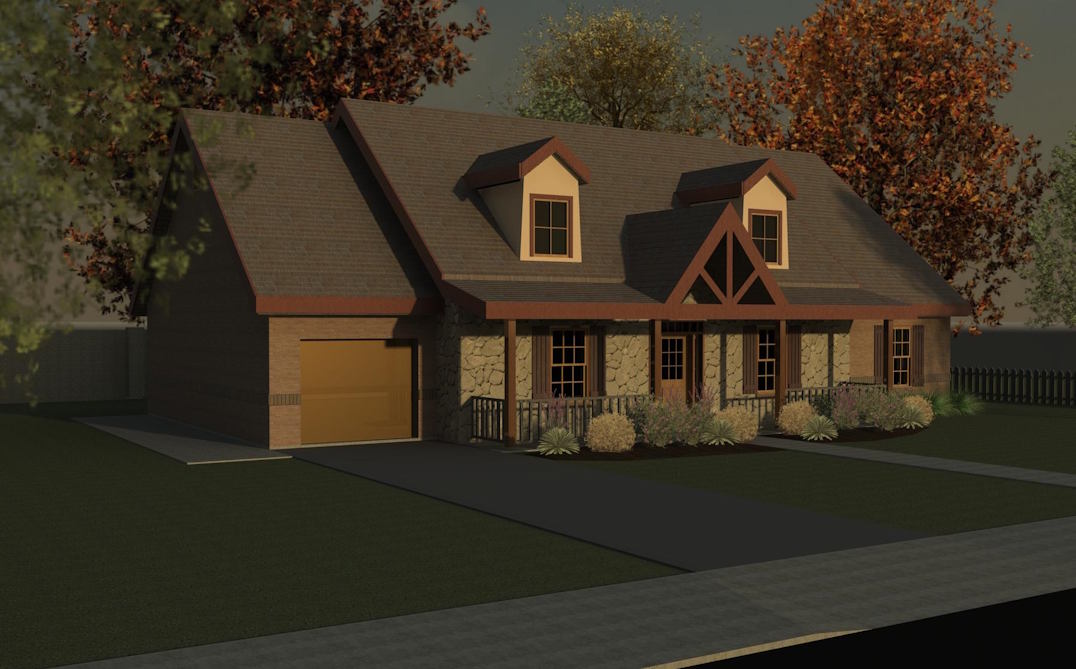 Stone house with trees and a driveway.