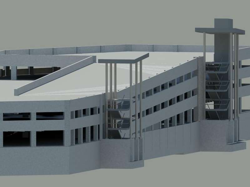 Parking garage with ramps and staircases.