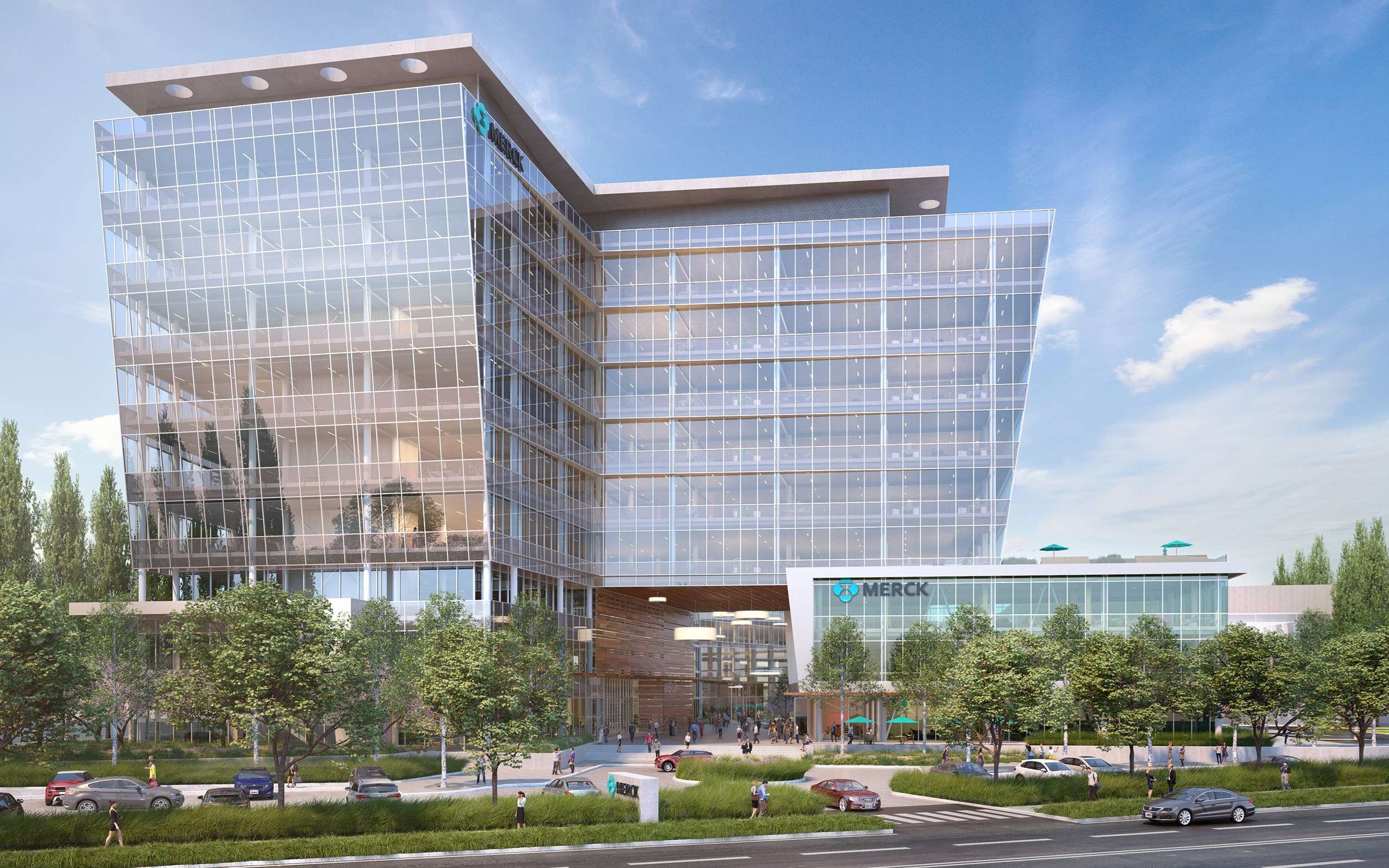 Modern glass building with trees and parked cars.